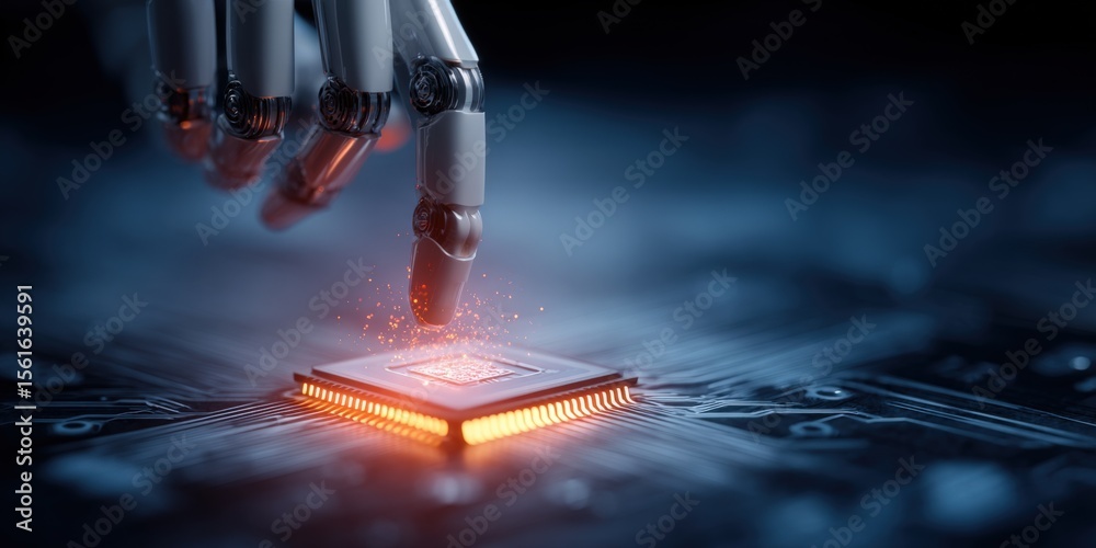 Aufkleber Futuristic robotic hand interacting with glowing microchip in high-tech digital environment.