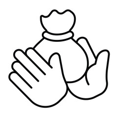 Bounty bag in hands thin line icon, design recruitment concept. Vector graphics. Hands with salary sack, money reward sign on white background, style mobile or design.