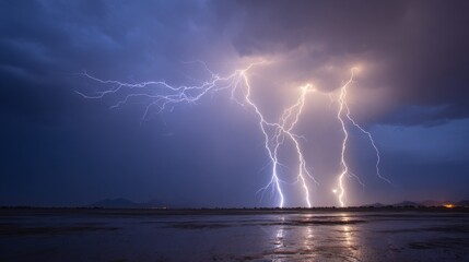 Dramatic lightning storm over water with multiple bright lightning bolts flashing in dark sky.