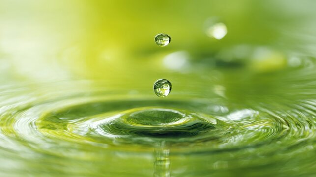 Close-up of water droplet falling into a pond creating ripples and splashes with vibrant green background.