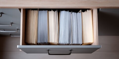 Open drawer filled with organized manila folders containing paperwork and documents.