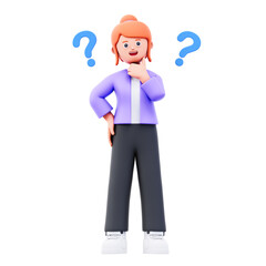 3D Cartoon Woman Thinking with Question Marks