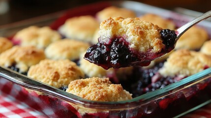 Delicious homemade fruit crumble dessert with golden pastry topping and berry filling.
