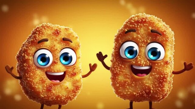 Animated Chicken Nuggets with Big Eyes and Friendly Expressions on Golden Background.