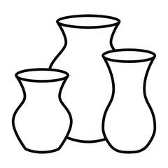 Clay vases thin line icon, pottery making concept. Vector graphics. Different sizes jugs, fragile items sign on white background, style mobile or design.