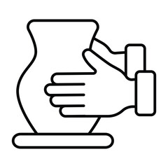 Clay jug on workbench in hands thin line icon, pottery making concept. Vector graphics. Hands with plaster product, molding sign on white background, style mobile or design.