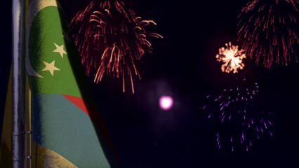 Comoros flag is hanging on firework sky for anthem day - bokeh - abstract 3D illustration