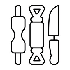 Emery, roller and knife for clay sculpting thin line icon, pottery making concept. Vector graphics. Pottery tools, utensils sign on white background, style mobile or design.