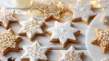 Festive Christmas Gingerbread Cookies with White Icing Snowflakes on Wooden Table.