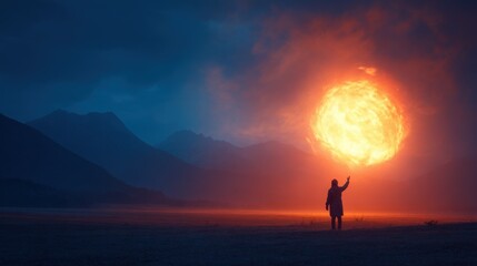 Person standing in vast open landscape under dramatic fiery sunset sky with mountains.