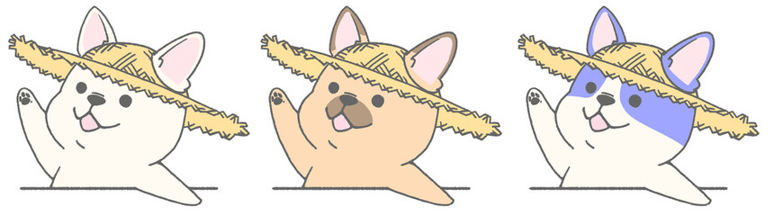 French bulldog wearing straw hat, raising hand