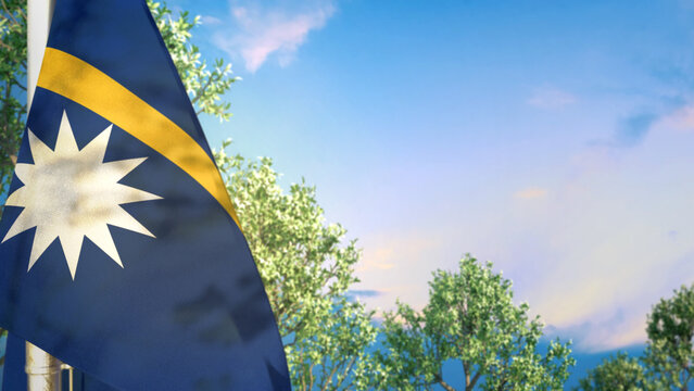 Nauru hanging flag with trees and sky for state holiday - object 3D illustration