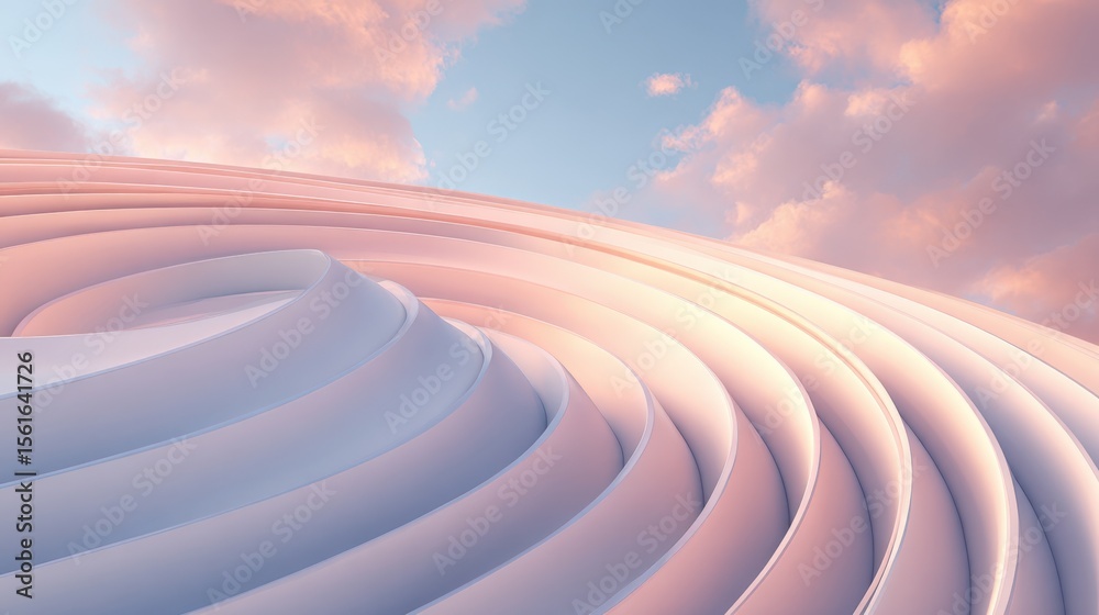 Poster abstract landscape with smooth curves and soft clouds in pastel colors at sunset.
