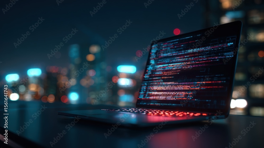 Aufkleber Innovative dark themed computer code programming at night with city skyline background.