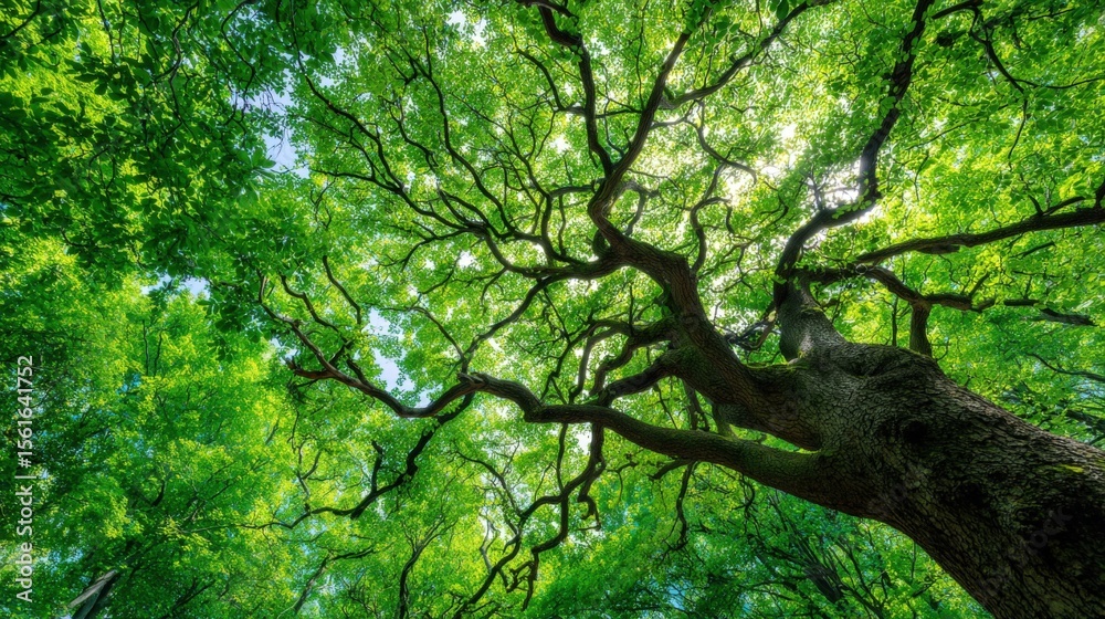 Poster beautiful green leafy tree canopy viewed from below showing intricate branches and vibrant foliage.