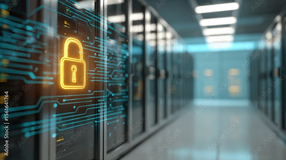 Poster Modern data center server room with digital security lock technology and high tech infrastructure.
