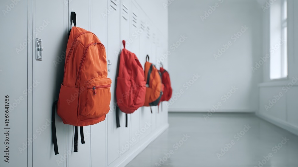 Aufkleber simple school hallway with lockers and colorful backpacks hanging on hooks.