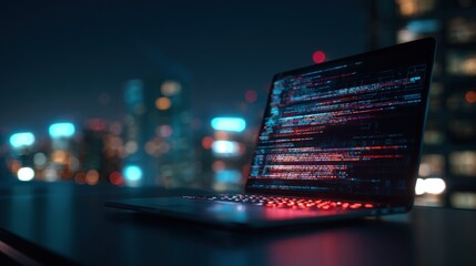 Innovative dark themed computer code programming at night with city skyline background.