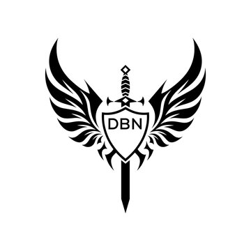 DBN "Warrior Shield and Sword Emblem with Wings Logo," DBN Later Logo, "Black Tribal Winged Sword Crest Vector," "Heraldic Emblem with Wings, Sword, and Shield,"
