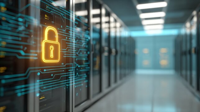 Modern data center server room with digital security lock technology and high tech infrastructure.