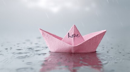 Obraz premium Pink paper boat with the word hope sailing on rainy water with raindrops falling.