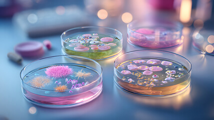 Super macro realistic photo of four petri dishes.