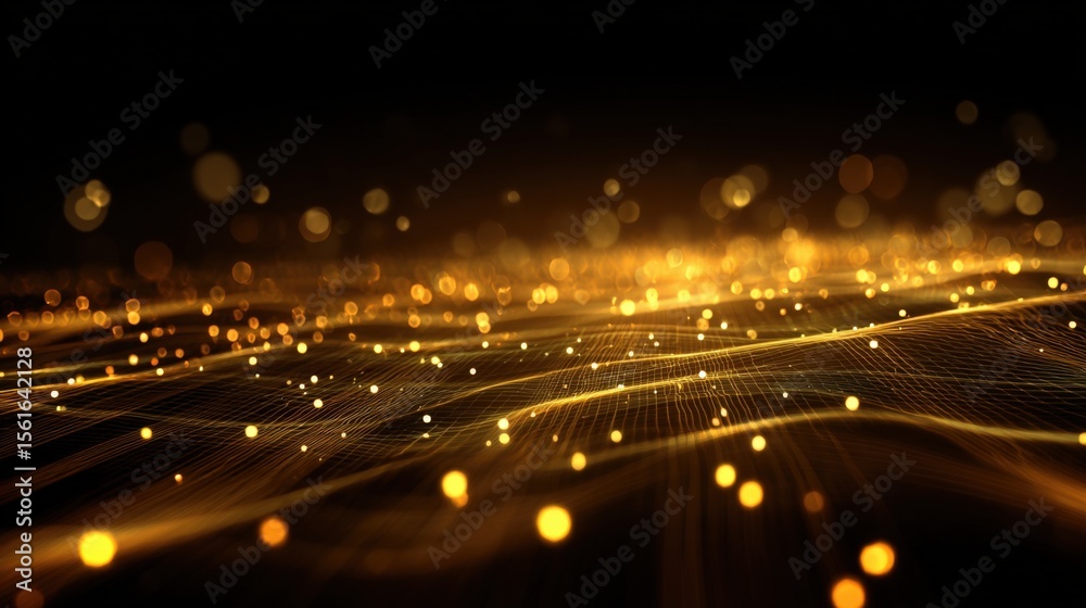 Poster Abstract golden light waves and glowing particles creating dynamic futuristic background.