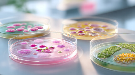 Super macro realistic photo of four petri dishes.