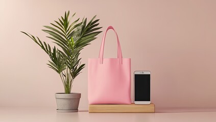 Pink tote bag, plant, and phone on a light wooden stand against a soft pink background