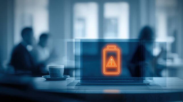 Business Meeting with Digital Battery Warning Icon and Technology Concept.