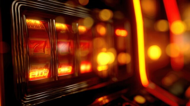 Close-up of a vintage slot machine with illuminated symbols and bright neon lighting.
