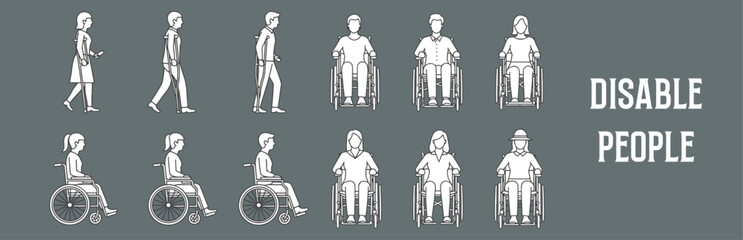 Architectural Drawings disable people vector illustration, front view, human person Minimal style hand drawn. Sections, Elevations, Floor Plans