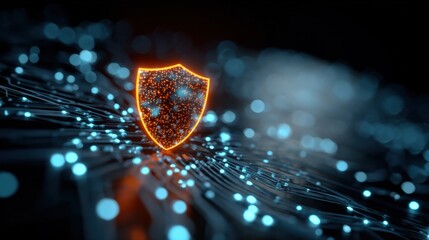 Futuristic Digital Shield Icon with Sparkling Light Effect and Cybersecurity Theme.