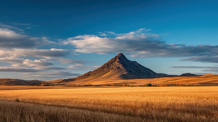 Naklejka premium Vast Landscape with Unique Mountain Peak Under Bright Sky and Open Field.