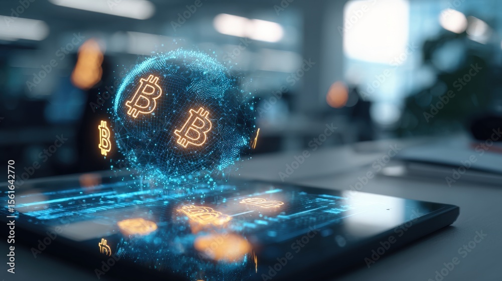 Aufkleber Digital Bitcoin Cryptocurrency Enrollment with Blockchain Technology on Modern Device.