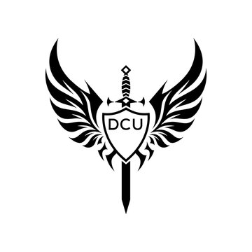 DCU "Warrior Shield and Sword Emblem with Wings Logo," DCU Later Logo, "Black Tribal Winged Sword Crest Vector," "Heraldic Emblem with Wings, Sword, and Shield,"

