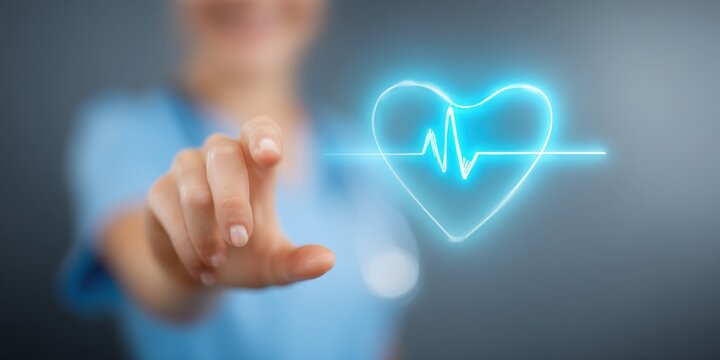 Young female healthcare professional touching holographic heart rate monitor with medical data display.