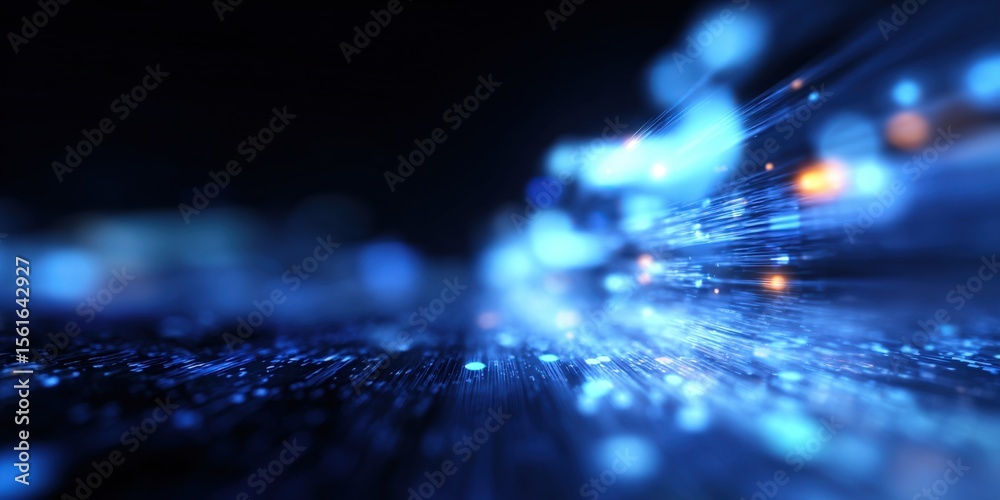 Poster Bright Light Trails and Digital Data Streams in a High Tech Cyber Network Scene.