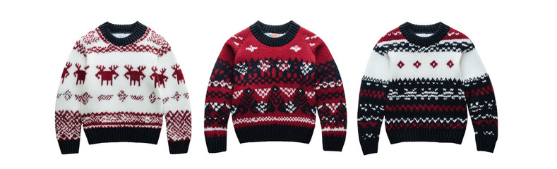 Three Fair Isle style Christmas sweaters in white, red, and black