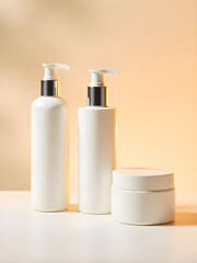 Three minimalist white cosmetic bottles, two with pumps and one a jar, stand elegantly against a warm, soft orange background, highlighted by gentle, diffused light