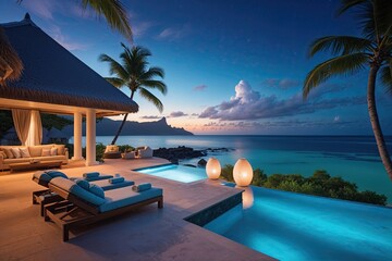 Fototapeta premium Bora Bora Oceanfront Paradise Wallpaper Featuring Stunning Twilight Serenity and Vibrant Beauty