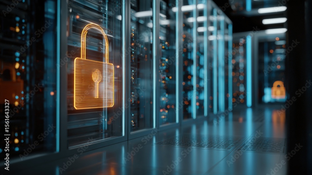 Poster Modern high security data center server room with digital lock and secure storage.