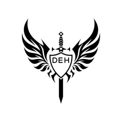 DEH "Warrior Shield and Sword Emblem with Wings Logo," DEH Later Logo, "Black Tribal Winged Sword Crest Vector," "Heraldic Emblem with Wings, Sword, and Shield,"
