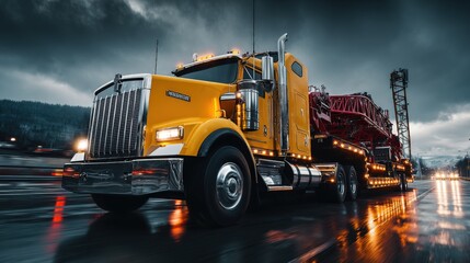 Heavy Duty Yellow Tow Truck Driving on Road at Night with Wet Pavement and Cloudy Sky.