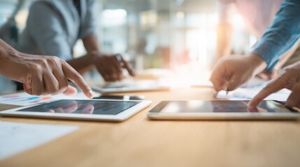 Group of professionals collaborating using digital tablets in modern office environment during meeting.