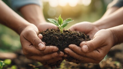 Hands Holding Soil With Green Plant Seedling Growing in Natural Outdoor Environment.