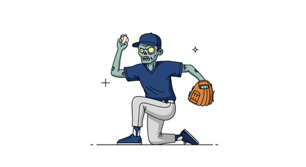 An undead athlete delivers a pitch with intense focus during a thrilling baseball game against a rival team