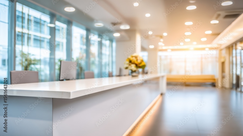 Poster modern bright reception area with long white counter and large windows.