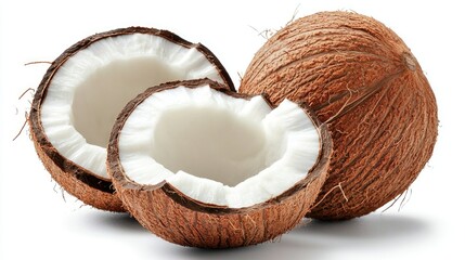Coconut fruit with cut in half isolated on white background. Clipping path.