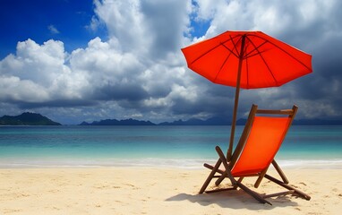 Tropical Beach Scene,  Relaxing Orange Chair and Umbrella Under Cloudy Sky
